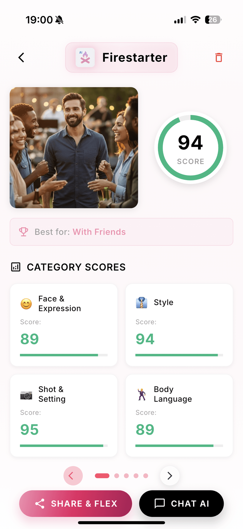 Firestarter photo analysis results showing a score of 94