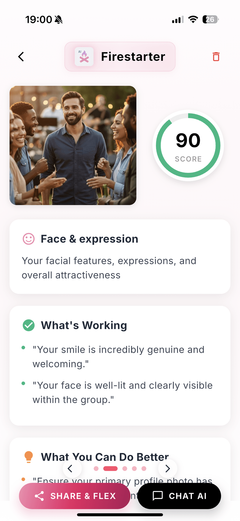 Firestarter category breakdown showing scores for style, expression, and more